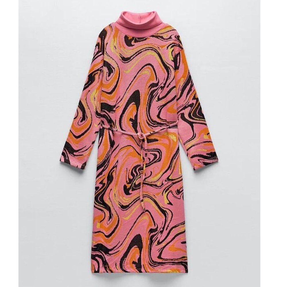 Zara Belted Jacquard Knit Sweater Midi Dress Pink Sz Small NWT - Picture 16 of 16